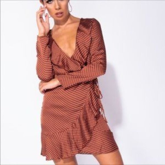 Casey Bronze Satin Polka Dot Wrap Dress - Picture 6 of 8